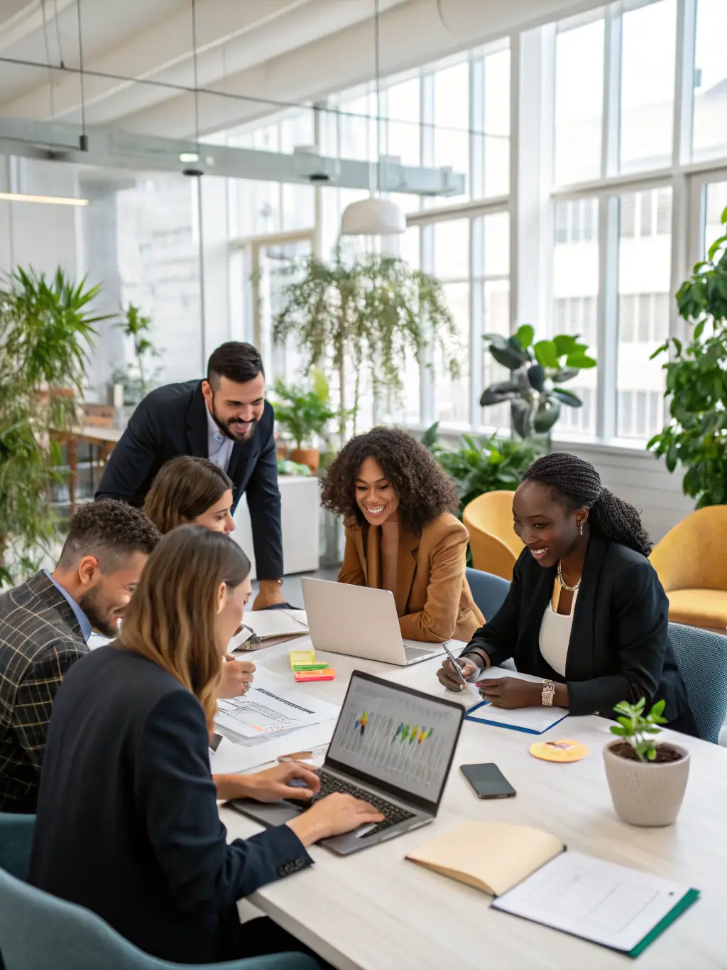 An image of diverse business professionals collaborating seamlessly through various communication devices, highlighting global connectivity.