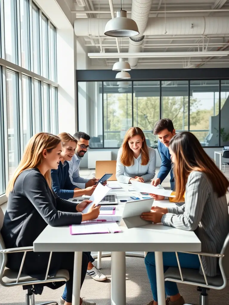 A professional photograph showcasing a modern office environment with employees collaborating on telecommunications solutions, emphasizing Hawk Dial's commitment to innovation and teamwork.